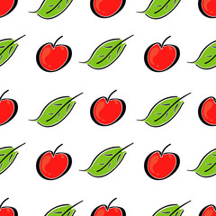 Apple fruit leaf vector color seamless pattern. Simplified retro illustration. Wrapping or scrapbook paper background.Childish cartoon style doodle art. Element for design, wallpaper, fabric printing.
