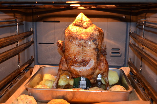Backofen mit knuspriger Ente auf einer Bierdose 
