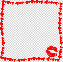 Red vintage hearts frame with kiss mark silhouette in corner isolated