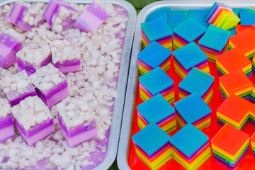 Colorful of Thai Jelly on aluminum tray for sale in street food.