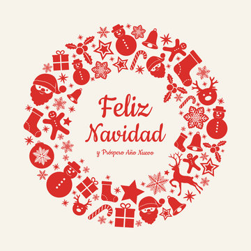 Feliz Navidad y Prospero Ano Nuevo - spanish Christmas wishes. Vector.