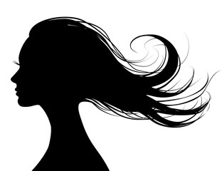 head profile of a beautiful woman with flying hair