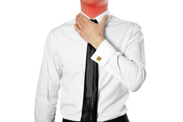 Businessman in a white shirt and tie holding his throat. Sore throat. Angina. Isolated on white background