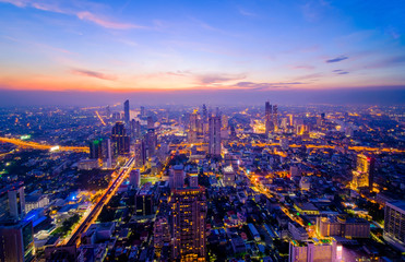 Cityscape   aerial view from top building at night , Aerial view of Bangkok city in Thailand