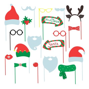 Set of piece photo booth props for Merry Christmas and Happy New Year. Vector illustration.