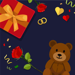 Frame of gift box  with rose, wedding ring, hearts and bear doll, valentine’s background. Flat vector illustration 