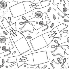 Vector seamless pattern with sewing pattern and needlework tools.