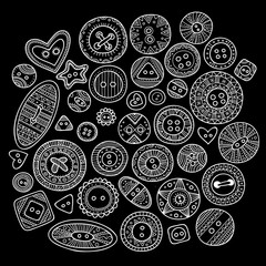 set of cloth buttons in different designs in boho style with ornament.