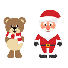 winter christmas cartoon bear with scarf and santa claus