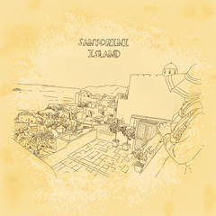 woman with hat looking at Santorini village sight from balcony in Santorini Island