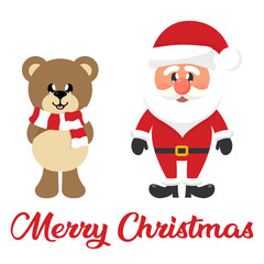 Fototapeta na wymiar winter christmas cartoon bear with scarf and santa claus with christmas text