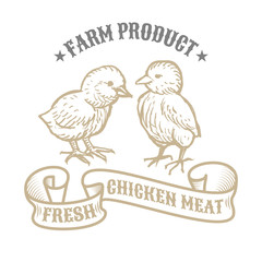 Fototapeta na wymiar Isolated vintage golden and royal emblem of farm animal. Fresh and tasty Chicken meat. Butchery products market. Hand made illustration and lettering. Concept template for branding