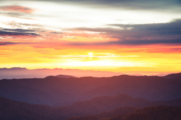 Sunrise in North Carolina at Max Patch with view of the Smoky Mountains.