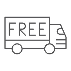 Free shipping thin line icon, cargo and transportation, truck sign, vector graphics, a linear pattern on a white background.