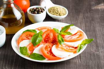 Close-up photo of caprese salad with ripe tomatoes, basil, buffalo mozzarella cheese. Italian and Mediterranean food concept. Fresh and healthy organic meal. Starter and antipasti. 