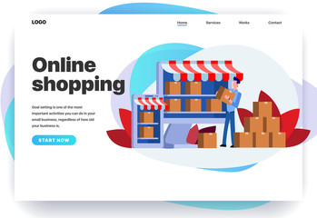 Web page design templates for online sales, sales in the online store, Internet sales. Modern vector illustration concepts for website and mobile website. Businessman puts products on the site