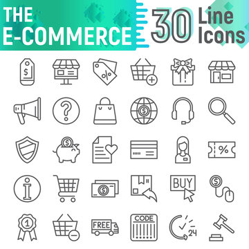 E-commerce line icon set, shopping symbols collection, vector sketches, logo illustrations, buy signs linear pictograms package isolated on white background.