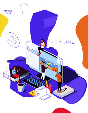 Isometric concept Education. Illustration for online education, online training, Internet studying, online book, tutorials, e-learning for social media, documents.  Double exposure effect.