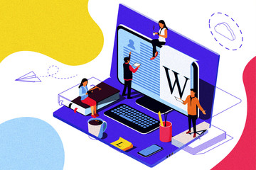 Isometric concept Education. Illustration for online education, online training, Internet studying, online book, tutorials.  Laptop as background. Double exposure effect.