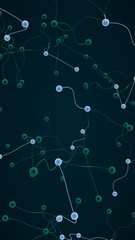 Neural network. Social network. Futuristic dna, deoxyribonucleic acid. Abstract molecule, cell illustration, mycelium. Dark background. 3D illustration