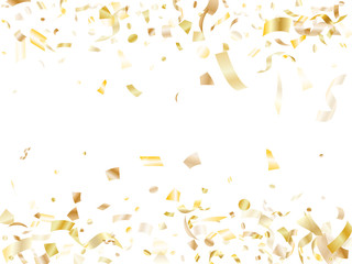 Holiday realistic gold confetti flying on black background.