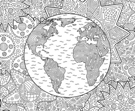 Adult coloring book page with planet earth