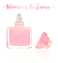 Pink watercolored painting vector illustration of a beauty utensil perfume bottle product full of flowers fragrances..