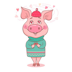 Obraz na płótnie Canvas Cute pig fallen in love. Swine dressed in a sweater.