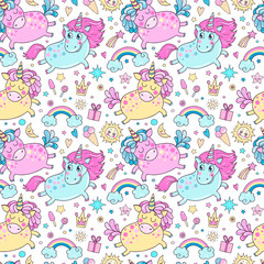 Lovely seamless pattern with cute unicorns, rainbow, clouds