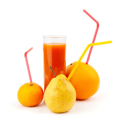 Fruits with cocktail straws and glass full of fresh juice