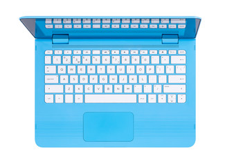 Open blue laptop with english keyboard, top view
