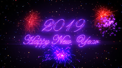 Neon text Happy New year text with fireworks use as greeting card