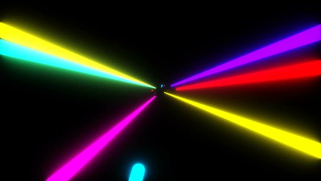 Neon Tonel. Multicolored rays.Animation of proton purple color technology tunnel. Futuristic metal corridor with reflection. Neon light.