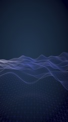 Abstract landscape on a dark background. Cyberspace navy blue grid. Hi-tech network. 3D illustration