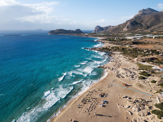 The Falasarna beach, Crete island, Greece. Aerial drone photography