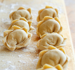 Raw meat pelmeni, ravioli, dumplings