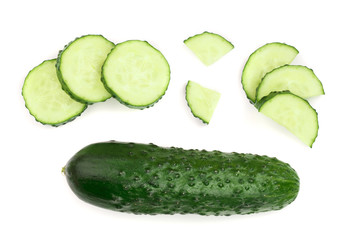 Cucumber slices isolated on white background. Top view. Flat lay pattern. Set or collection