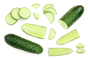 Cucumber slices isolated on white background. Top view. Flat lay pattern. Set or collection