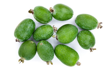 Tropical fruit feijoa Acca sellowiana isolated on white background. Top view. Flat lay pattern