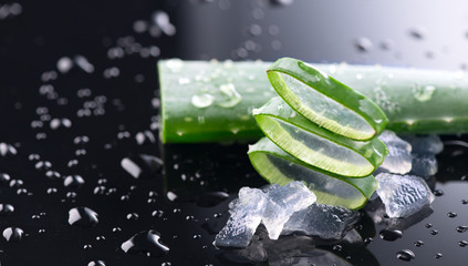 Aloe Vera slices closeup. Aloevera plant leaf gel, natural organic renewal cosmetics, alternative...