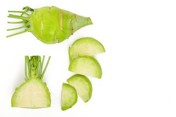 Fresh kohlrabi isolated on white backround with copy space for your text. Top view. Flat lay