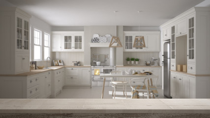 Wooden vintage table top or shelf closeup, zen mood, over blurred scandinavian classic kitchen with dining table and chairs, white architecture interior design
