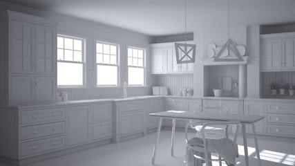 Total white project of scandinavian classic kitchen with dining table and chairs, windows and morning light, vintage cooker and pendant lamps, minimalist interior design