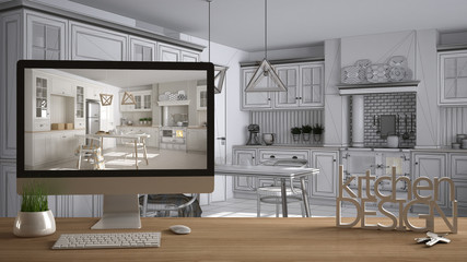 Architect designer project concept, wooden table with house keys, 3D letters words kitchen design and desktop showing draft, total white sketch in the background, white interior design