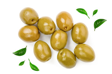 Green olives isolated on a white background. Top view. Flat lay