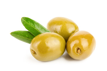 Green olives with leaves isolated on a white background