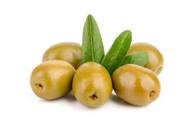 Green olives with leaves isolated on a white background