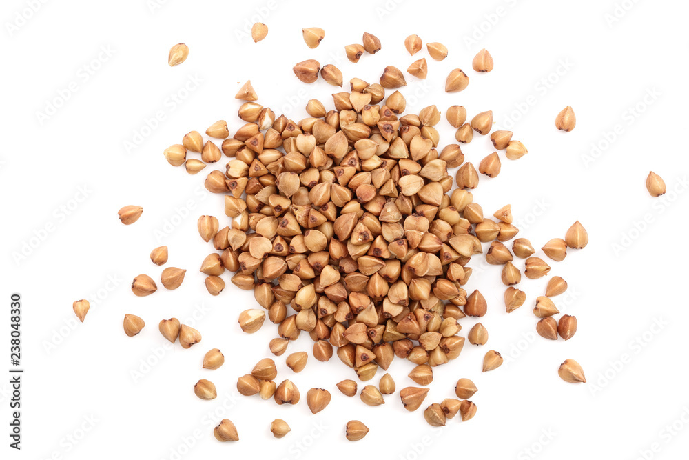 Poster buckwheat grain isolated on white background close up. top view