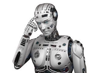 Futuristic robot man or very detailed cyborg touching his forehead or asking to use your brain. Technology concept. Isolated on white background. 3D illustration