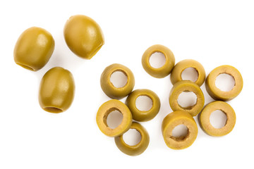 Green olives isolated on a white background. Top view. Flat lay